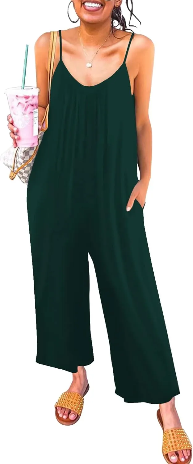 Womens Casual Sleeveless Strap Loose Adjustable Jumpsuits Stretchy Long Pants Romper with Pockets
