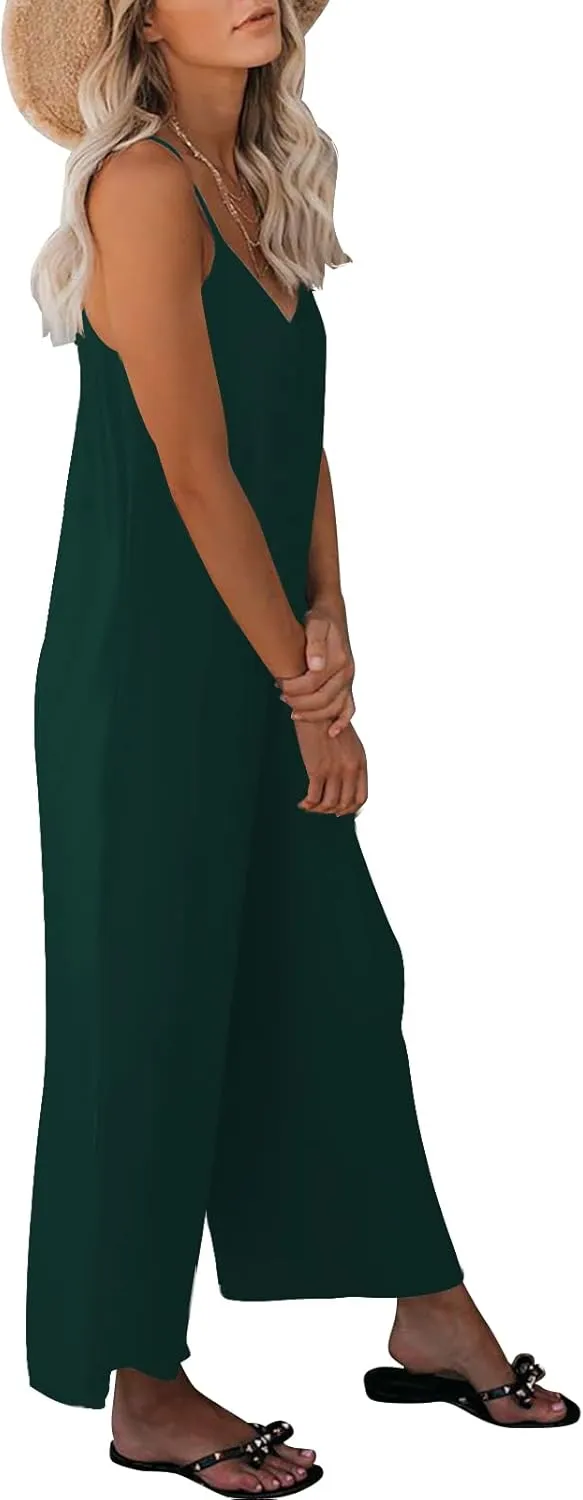 Womens Casual Sleeveless Strap Loose Adjustable Jumpsuits Stretchy Long Pants Romper with Pockets
