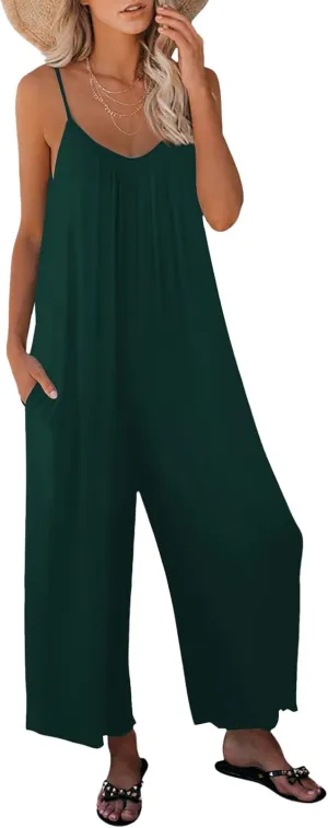 Womens Casual Sleeveless Strap Loose Adjustable Jumpsuits Stretchy Long Pants Romper with Pockets