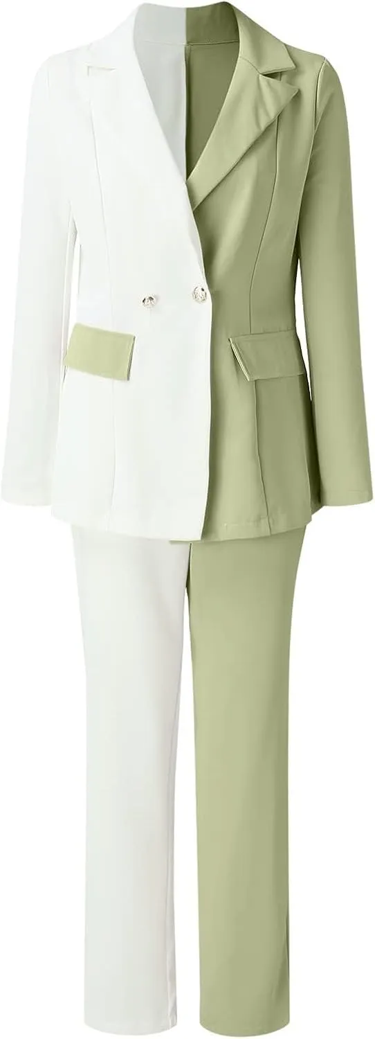 Womens Color Block Suit Sets Two Piece Business Casual Outfits Open Front Blazer High Waist Pants Work Clothes