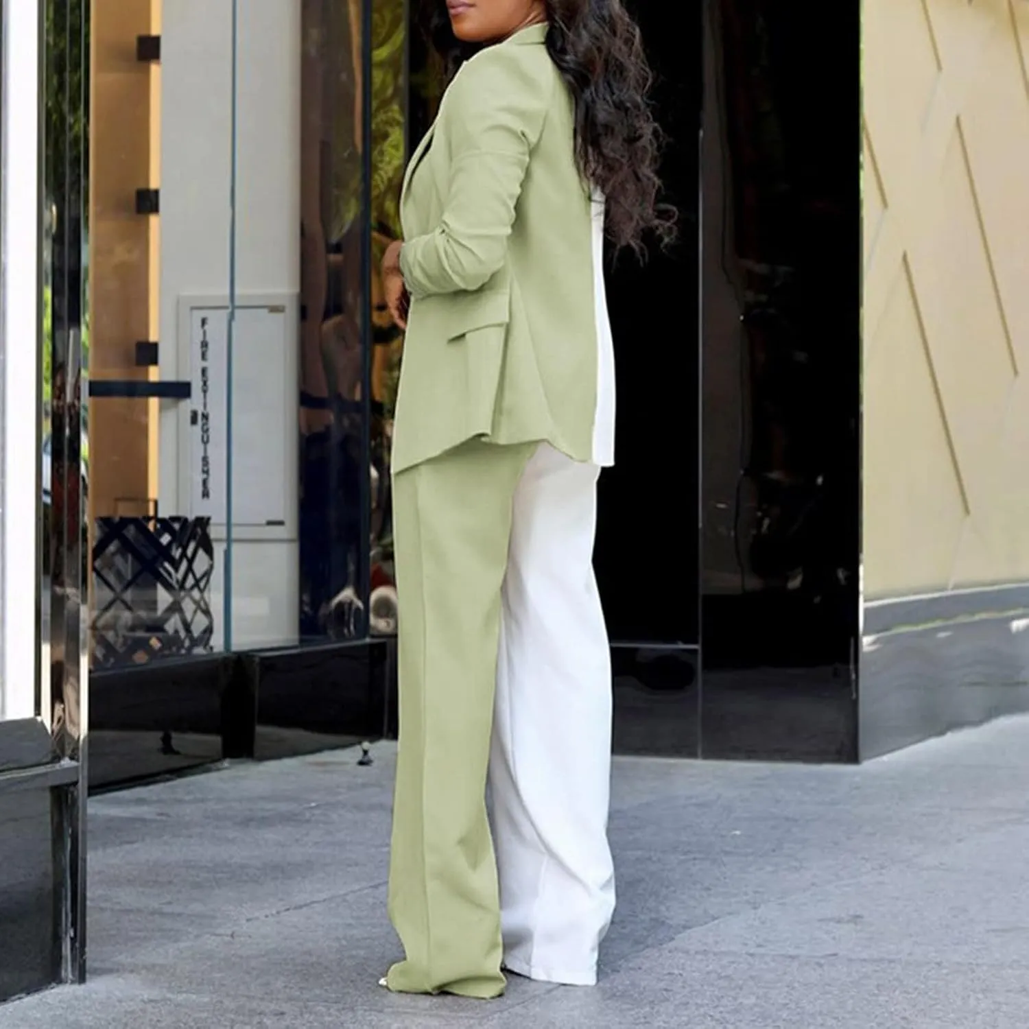 Womens Color Block Suit Sets Two Piece Business Casual Outfits Open Front Blazer High Waist Pants Work Clothes