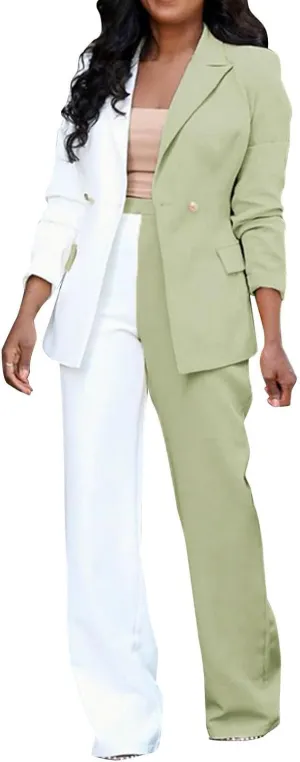 Womens Color Block Suit Sets Two Piece Business Casual Outfits Open Front Blazer High Waist Pants Work Clothes