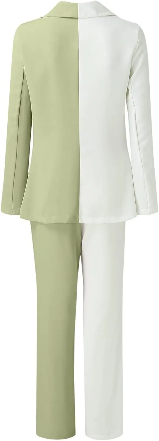 Womens Color Block Suit Sets Two Piece Business Casual Outfits Open Front Blazer High Waist Pants Work Clothes