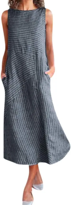 Women's Cotton Linen Striped Sleeveless Midi Shirt Dress Flowy Casual Beach Long Sundress with Pockets