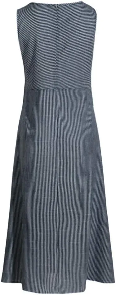Women's Cotton Linen Striped Sleeveless Midi Shirt Dress Flowy Casual Beach Long Sundress with Pockets