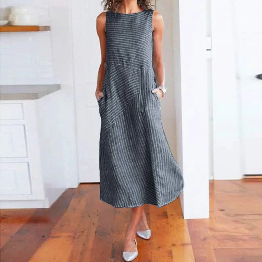Women's Cotton Linen Striped Sleeveless Midi Shirt Dress Flowy Casual Beach Long Sundress with Pockets