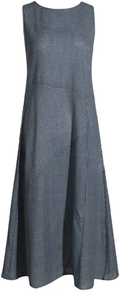 Women's Cotton Linen Striped Sleeveless Midi Shirt Dress Flowy Casual Beach Long Sundress with Pockets