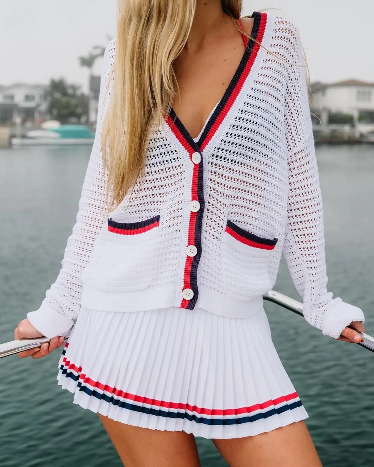 Women's Crochet Cardigan Sweater Color Blocking Hollow Out Long Sleeve Button Down Loose Fit Cardigan