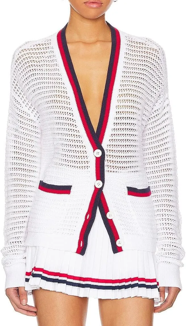 Women's Crochet Cardigan Sweater Color Blocking Hollow Out Long Sleeve Button Down Loose Fit Cardigan