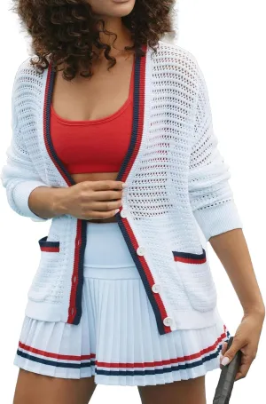 Women's Crochet Cardigan Sweater Color Blocking Hollow Out Long Sleeve Button Down Loose Fit Cardigan