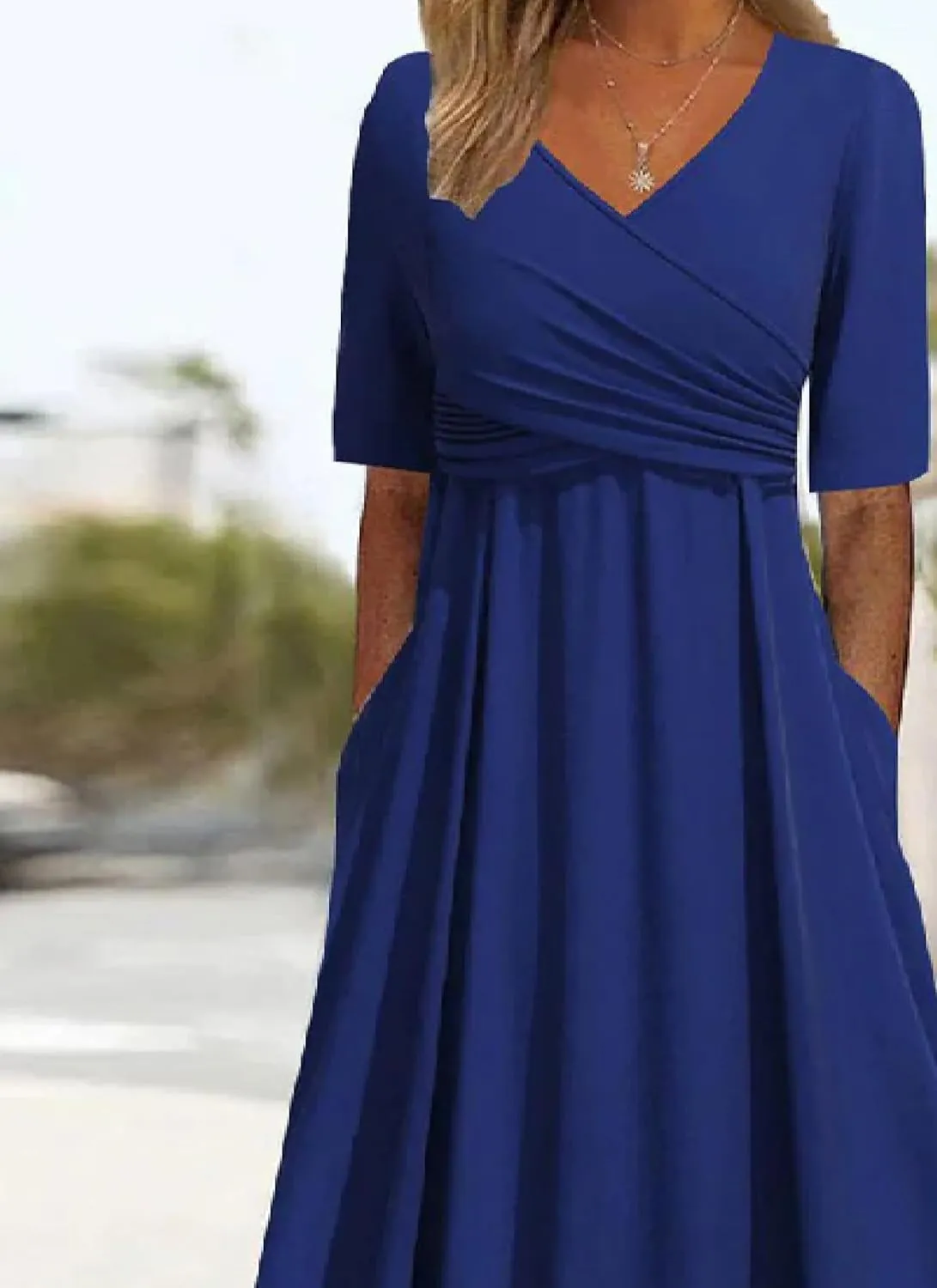 Women's Dresses 2025 Spring Summer | V Neck, Green Floral Print, Midi Dress, Half Sleeve, Pleated Hem, Side Pockets