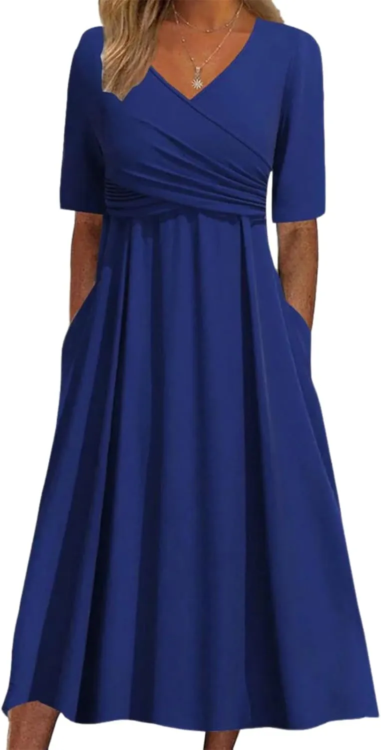 Women's Dresses 2025 Spring Summer | V Neck, Green Floral Print, Midi Dress, Half Sleeve, Pleated Hem, Side Pockets