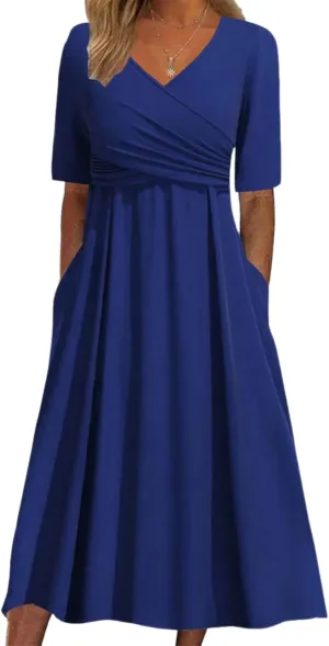 Women's Dresses 2025 Spring Summer | V Neck, Green Floral Print, Midi Dress, Half Sleeve, Pleated Hem, Side Pockets