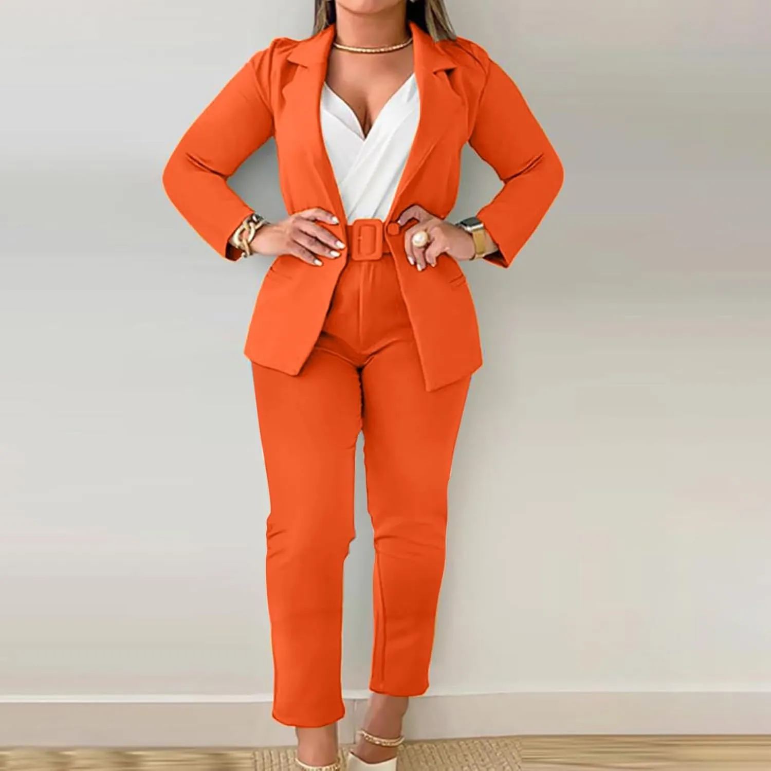 Women's Dressy Suit 2 Piece Business Outfits Long Sleeve Lapel Single Button Blazer and Pencil Pant with Belt Sets