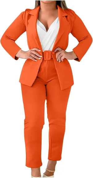 Women's Dressy Suit 2 Piece Business Outfits Long Sleeve Lapel Single Button Blazer and Pencil Pant with Belt Sets