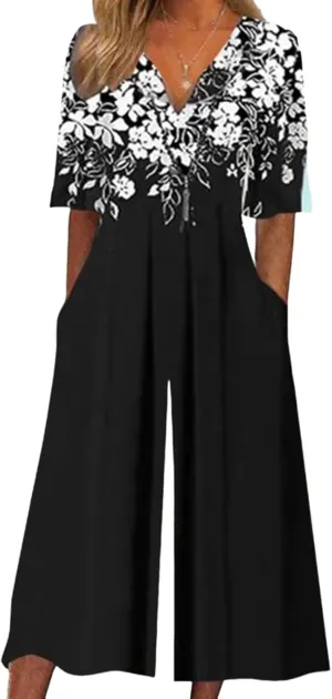 Women's Fair Isle Print Jumpsuits 2025 Spring Outfits Half Sleeve Crew Neck Wide Leg Pants Rompers with Side Pockets