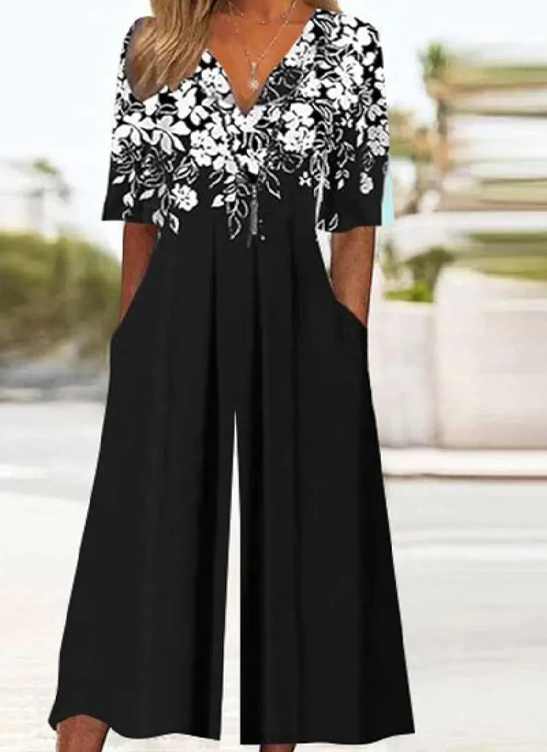 Women's Fair Isle Print Jumpsuits 2025 Spring Outfits Half Sleeve Crew Neck Wide Leg Pants Rompers with Side Pockets