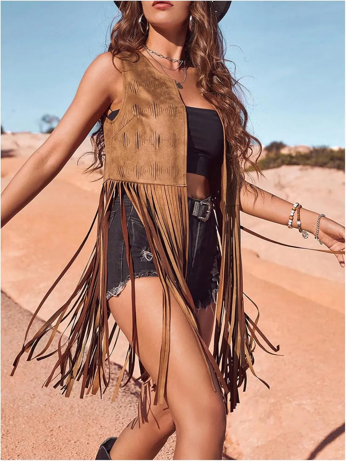 Women's Fringe Vest Sleeveless 70s Hippie Faux Suede Trim Western Cowgirl Tassel Jacket Cardigan