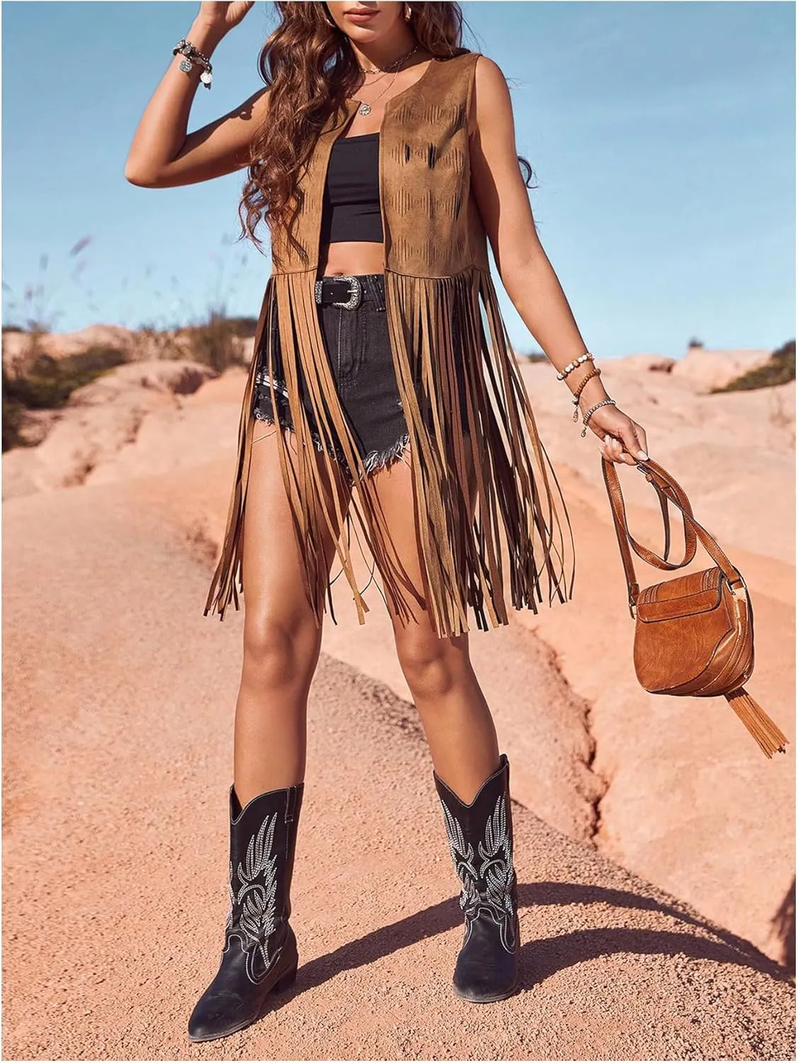 Women's Fringe Vest Sleeveless 70s Hippie Faux Suede Trim Western Cowgirl Tassel Jacket Cardigan