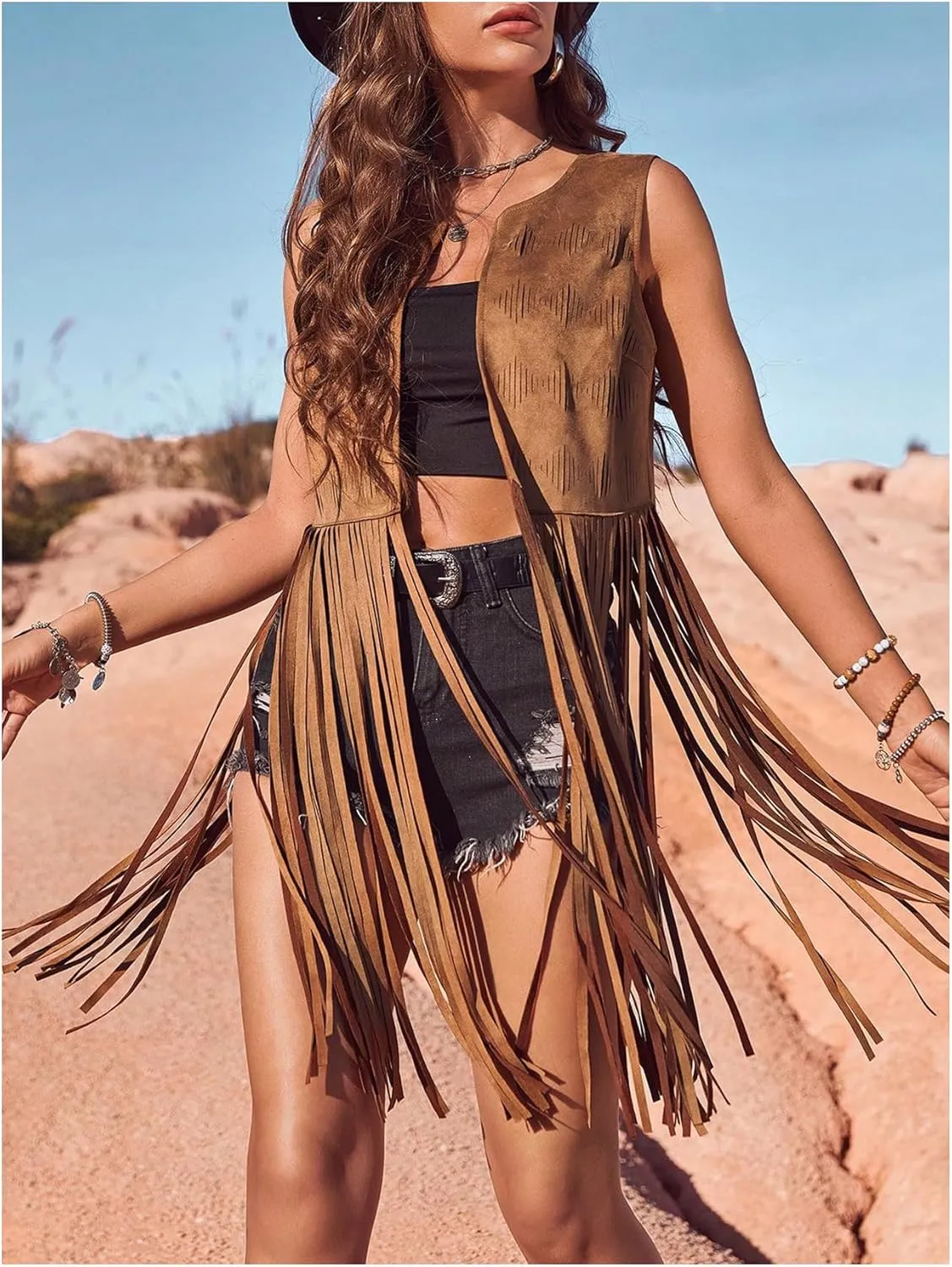 Women's Fringe Vest Sleeveless 70s Hippie Faux Suede Trim Western Cowgirl Tassel Jacket Cardigan