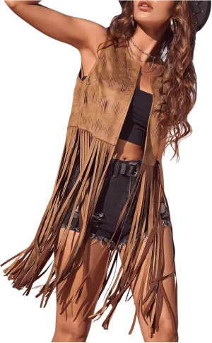 Women's Fringe Vest Sleeveless 70s Hippie Faux Suede Trim Western Cowgirl Tassel Jacket Cardigan
