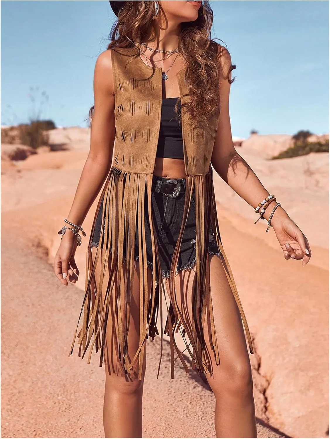 Women's Fringe Vest Sleeveless 70s Hippie Faux Suede Trim Western Cowgirl Tassel Jacket Cardigan