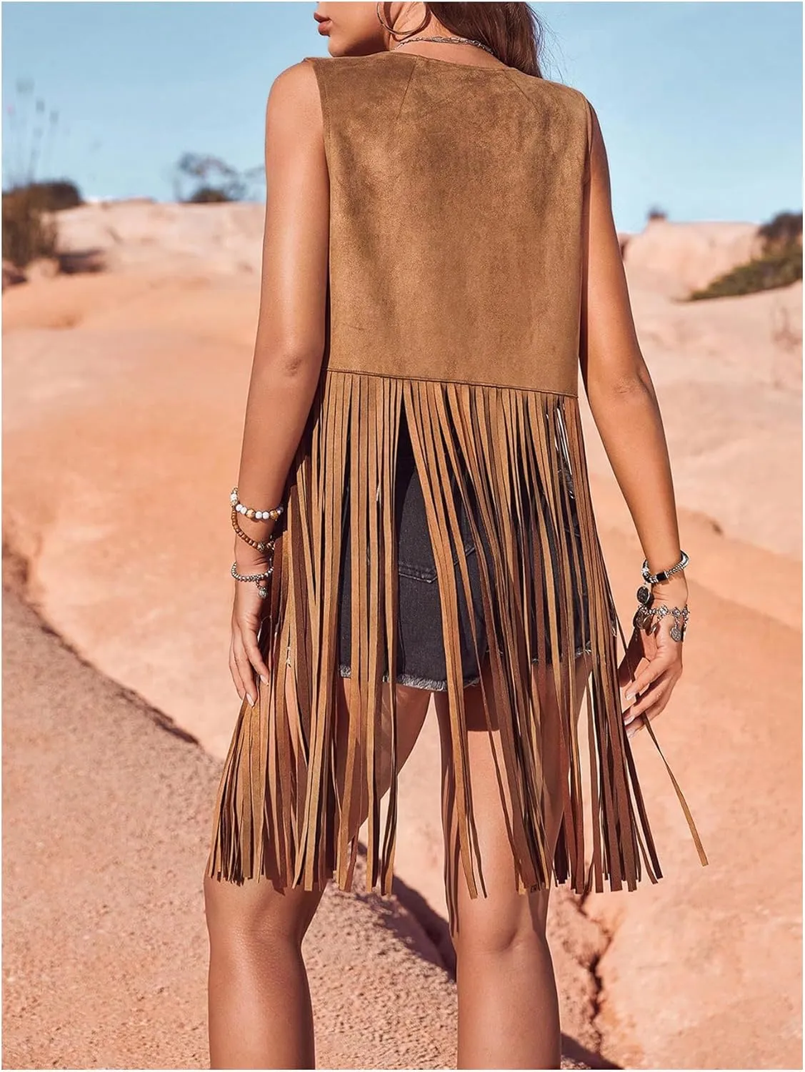 Women's Fringe Vest Sleeveless 70s Hippie Faux Suede Trim Western Cowgirl Tassel Jacket Cardigan