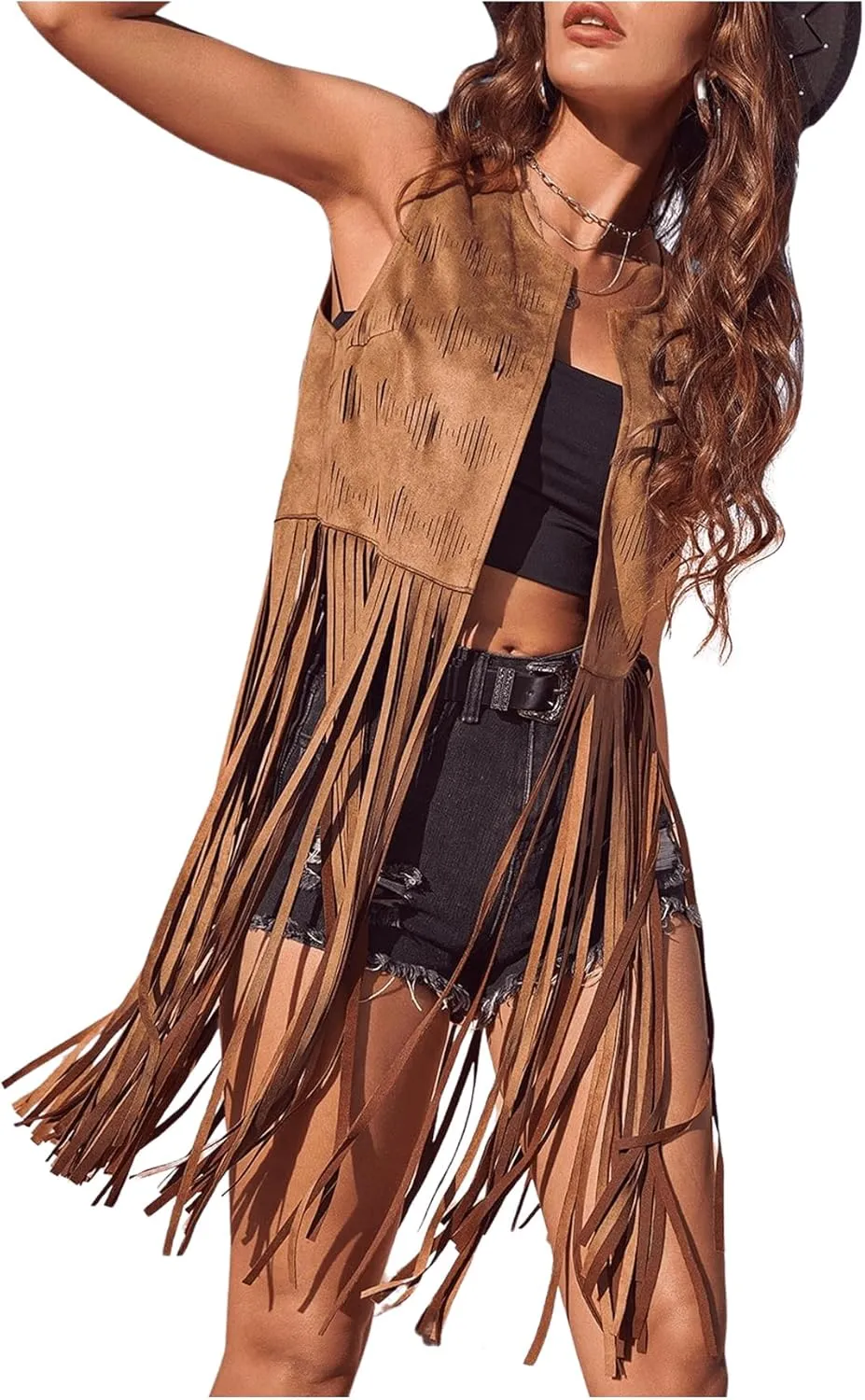 Women's Fringe Vest Sleeveless 70s Hippie Faux Suede Trim Western Cowgirl Tassel Jacket Cardigan