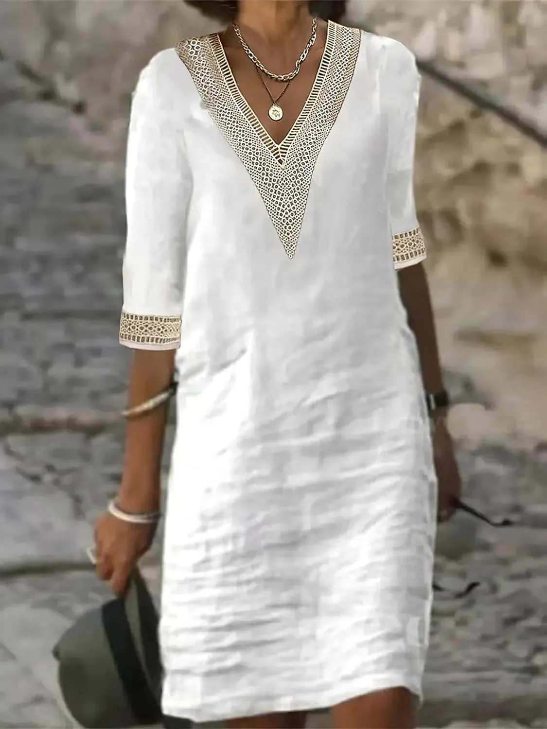 Womens Half Sleeve Cotton Linen Midi Dress Summer Plus Size Lace V Neck Knee Length Shift Beach Dresses