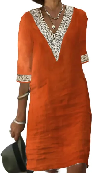 Womens Half Sleeve Cotton Linen Midi Dress Summer Plus Size Lace V Neck Knee Length Shift Beach Dresses