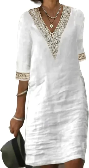 Womens Half Sleeve Cotton Linen Midi Dress Summer Plus Size Lace V Neck Knee Length Shift Beach Dresses