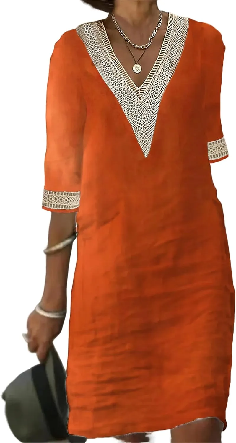 Womens Half Sleeve Cotton Linen Midi Dress Summer Plus Size Lace V Neck Knee Length Shift Beach Dresses
