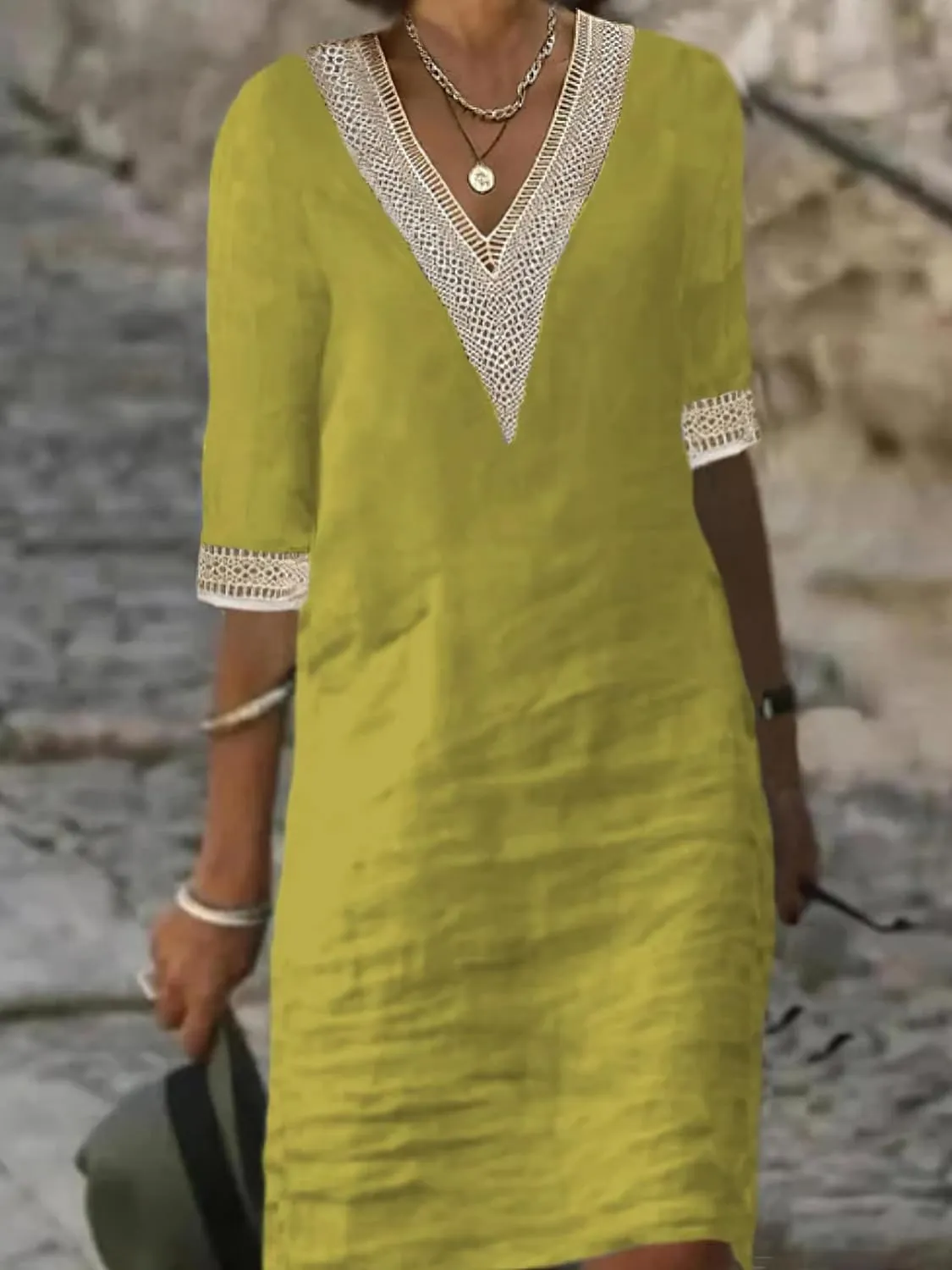 Womens Half Sleeve Cotton Linen Midi Dress Summer Plus Size Lace V Neck Knee Length Shift Beach Dresses