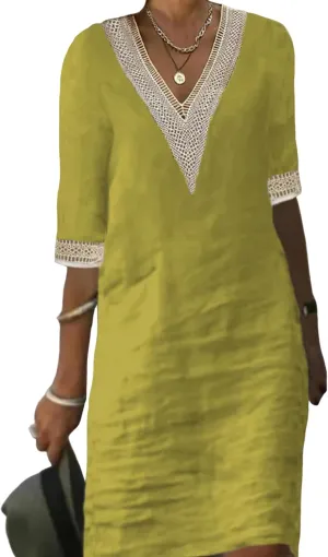 Womens Half Sleeve Cotton Linen Midi Dress Summer Plus Size Lace V Neck Knee Length Shift Beach Dresses