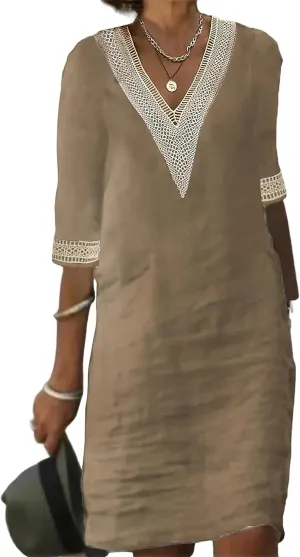 Womens Half Sleeve Cotton Linen Midi Dress Summer Plus Size Lace V Neck Knee Length Shift Beach Dresses