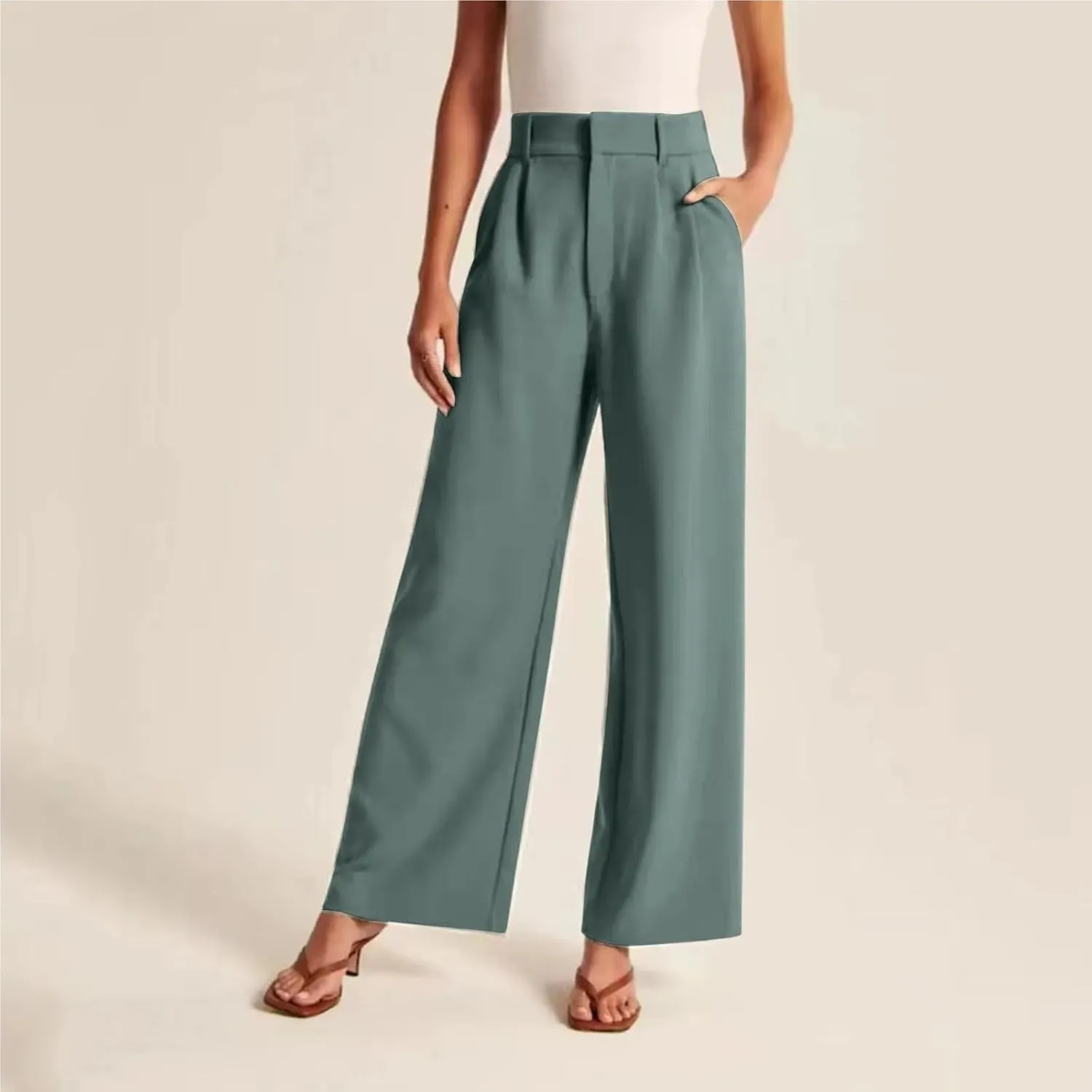 Women's Linen Wide Leg Pants High Waist Work Business Trousers Casual Long Suit Office Straight Pants