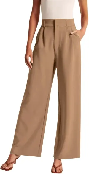 Women's Linen Wide Leg Pants High Waist Work Business Trousers Casual Long Suit Office Straight Pants