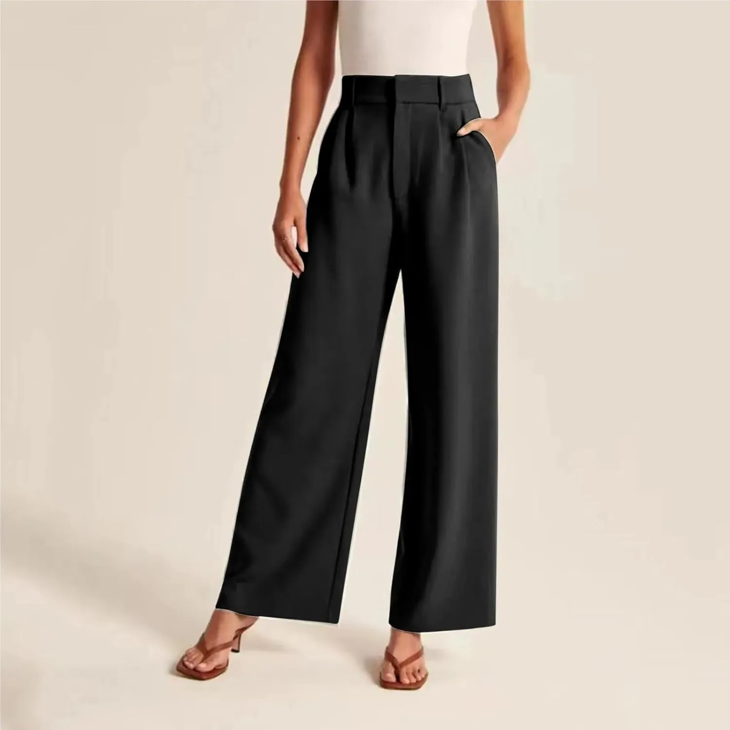 Women's Linen Wide Leg Pants High Waist Work Business Trousers Casual Long Suit Office Straight Pants