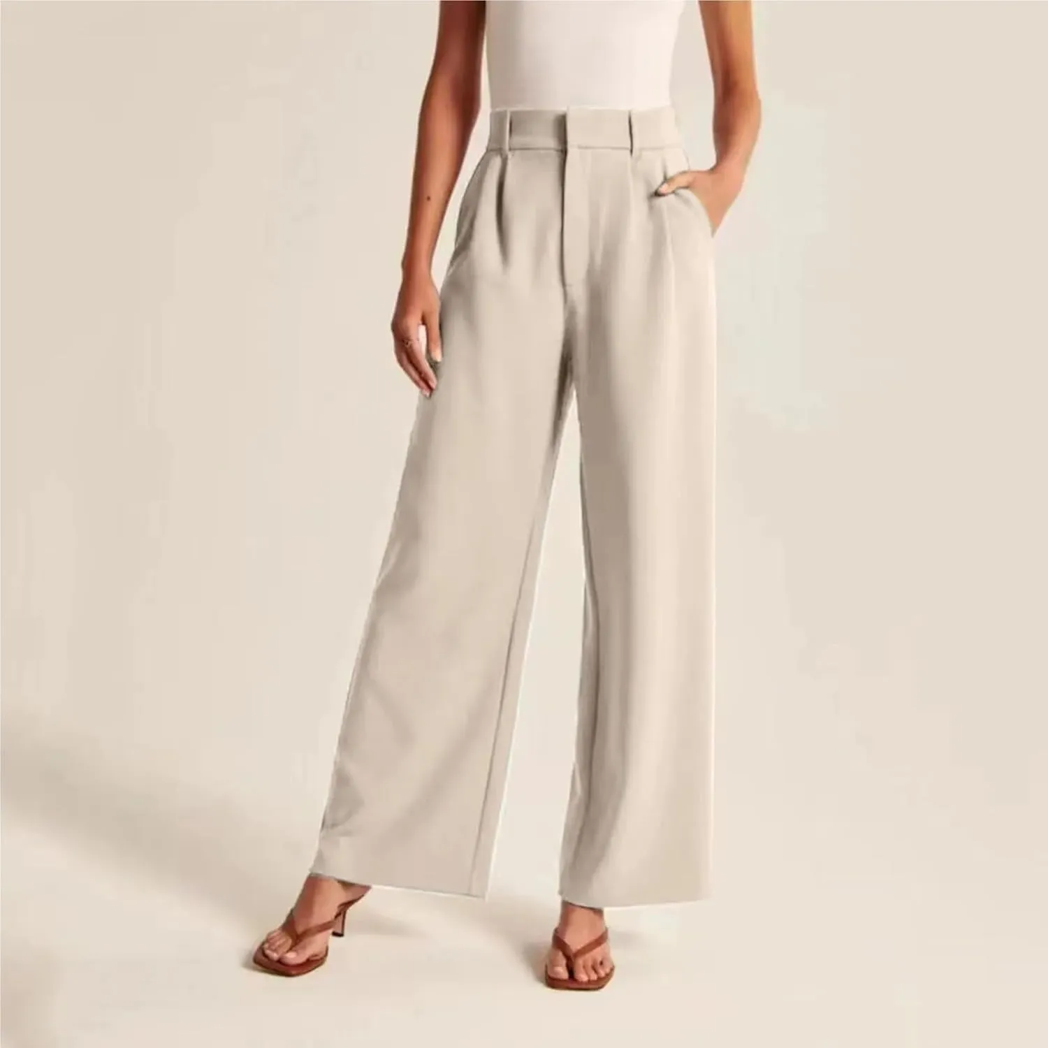 Women's Linen Wide Leg Pants High Waist Work Business Trousers Casual Long Suit Office Straight Pants