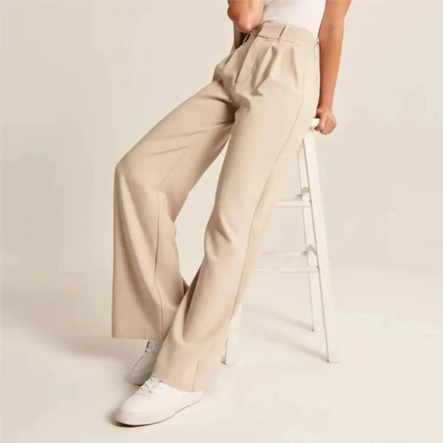 Women's Linen Wide Leg Pants High Waist Work Business Trousers Casual Long Suit Office Straight Pants