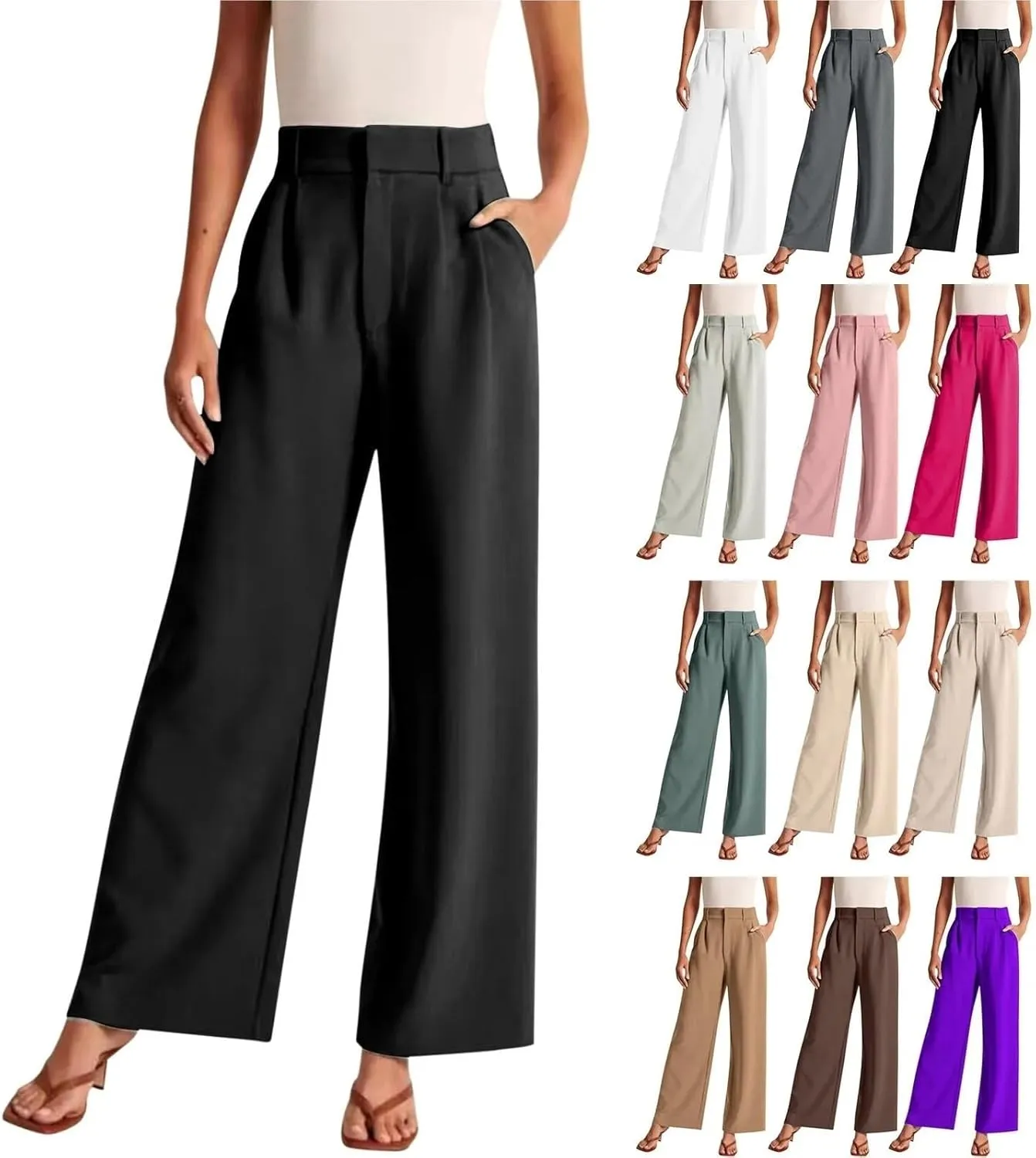 Women's Linen Wide Leg Pants High Waist Work Business Trousers Casual Long Suit Office Straight Pants