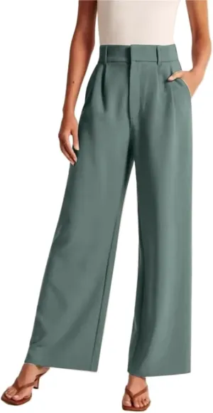 Women's Linen Wide Leg Pants High Waist Work Business Trousers Casual Long Suit Office Straight Pants