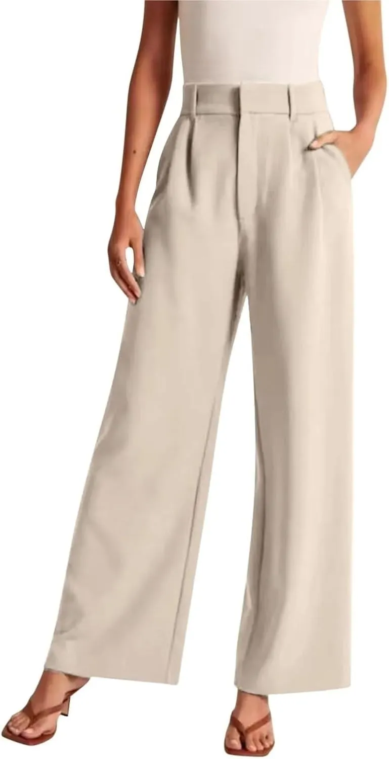 Women's Linen Wide Leg Pants High Waist Work Business Trousers Casual Long Suit Office Straight Pants