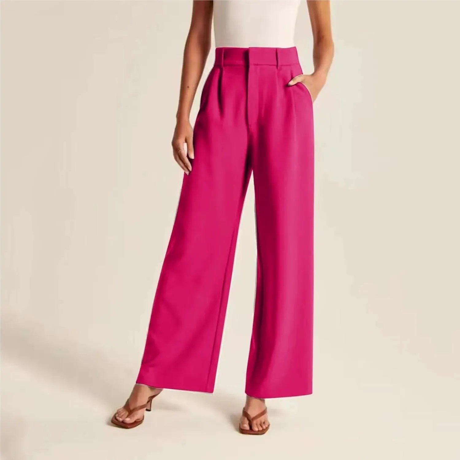 Women's Linen Wide Leg Pants High Waist Work Business Trousers Casual Long Suit Office Straight Pants