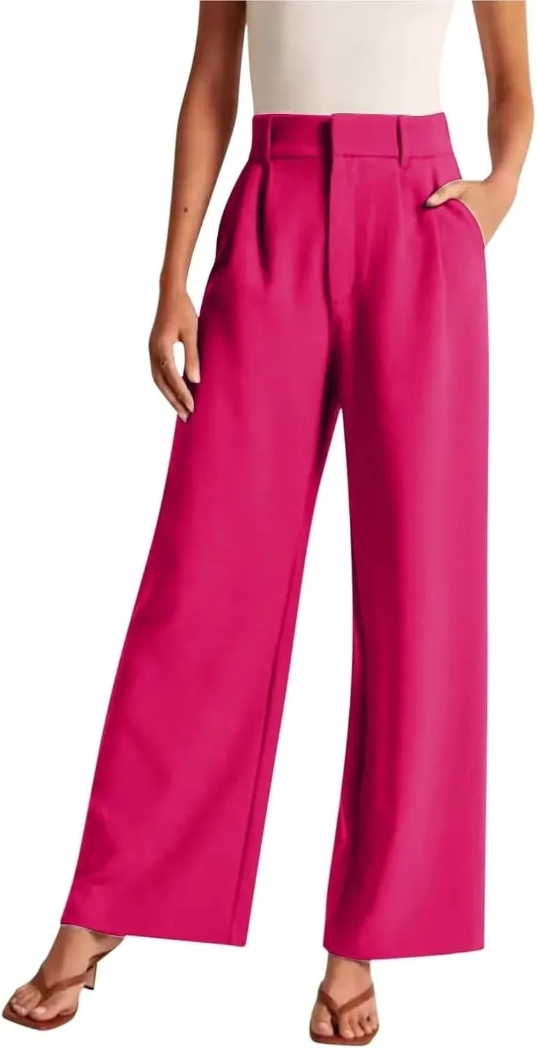 Women's Linen Wide Leg Pants High Waist Work Business Trousers Casual Long Suit Office Straight Pants