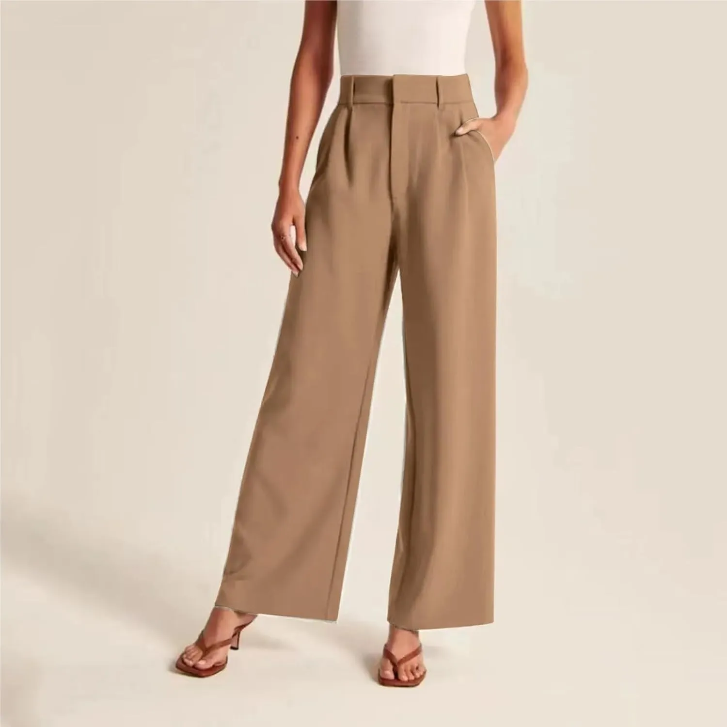Women's Linen Wide Leg Pants High Waist Work Business Trousers Casual Long Suit Office Straight Pants