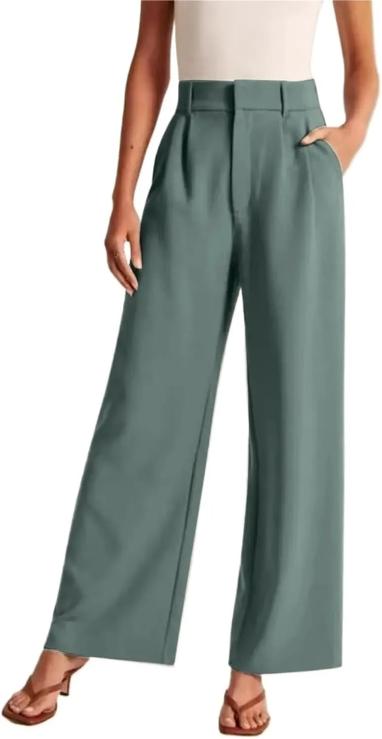 Women's Linen Wide Leg Pants High Waist Work Business Trousers Casual Long Suit Office Straight Pants