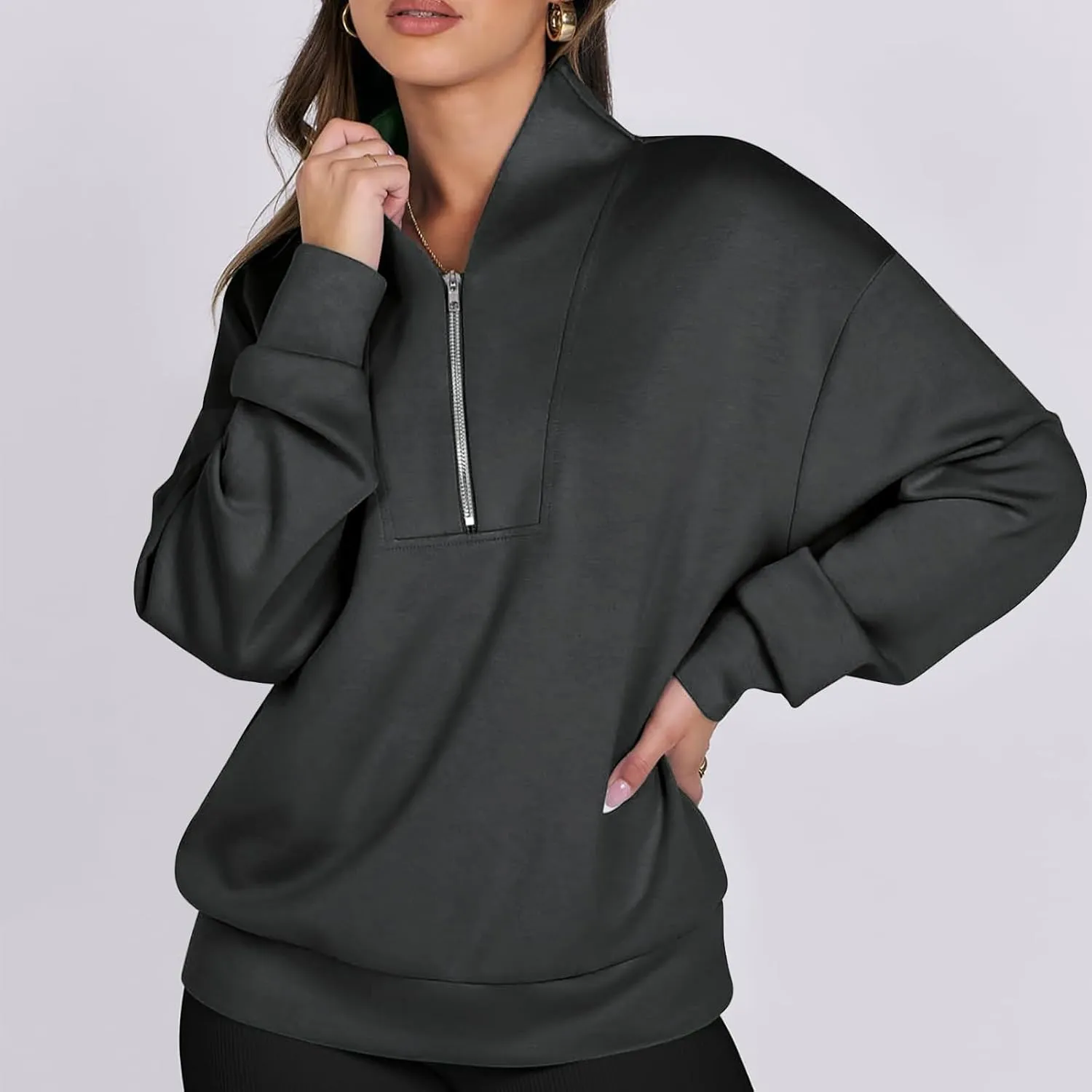 Women's Oversized Quarter Half Zip Hoodies,2024 Casual V Neck Long Sleeve Fleece Sweatshirts,Cute Winter