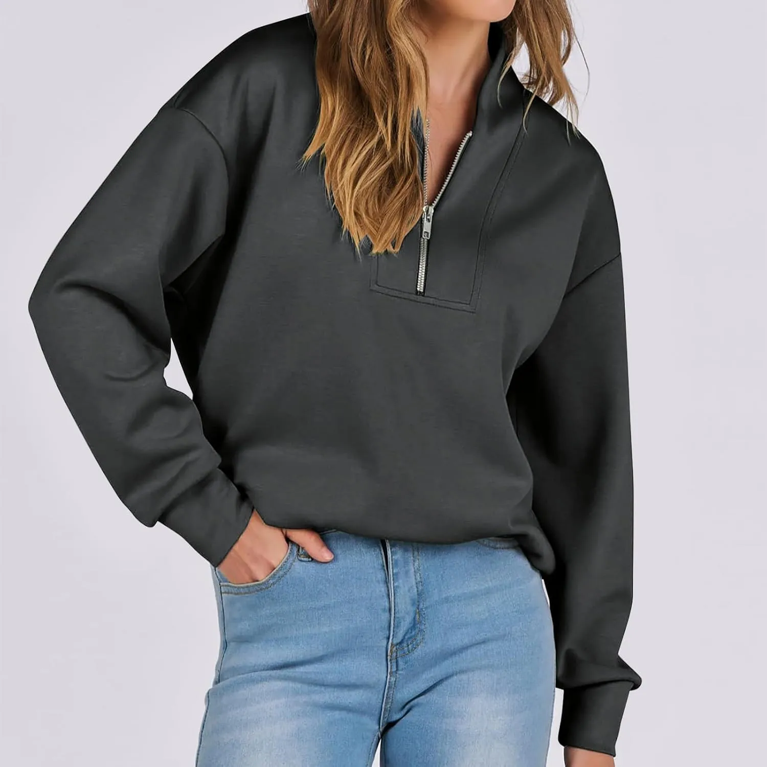Women's Oversized Quarter Half Zip Hoodies,2024 Casual V Neck Long Sleeve Fleece Sweatshirts,Cute Winter
