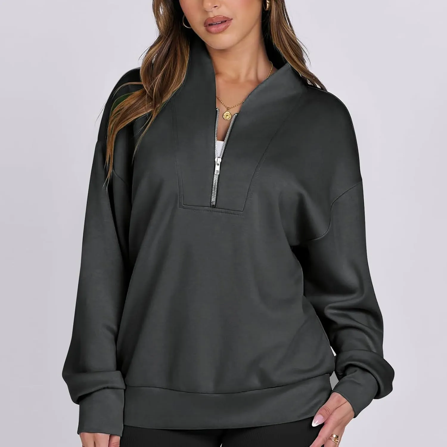 Women's Oversized Quarter Half Zip Hoodies,2024 Casual V Neck Long Sleeve Fleece Sweatshirts,Cute Winter